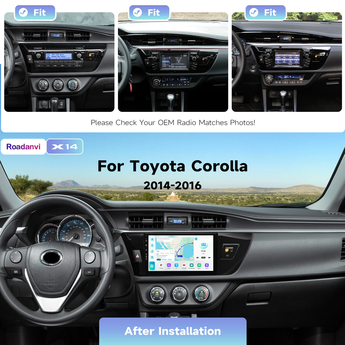 Roadanvi X14 Wireless CarPlay & Android Auto Head Unit for Toyota Corolla 2014-2016 10.2" QLED Touchscreen, Android 14, 6GB+128GB