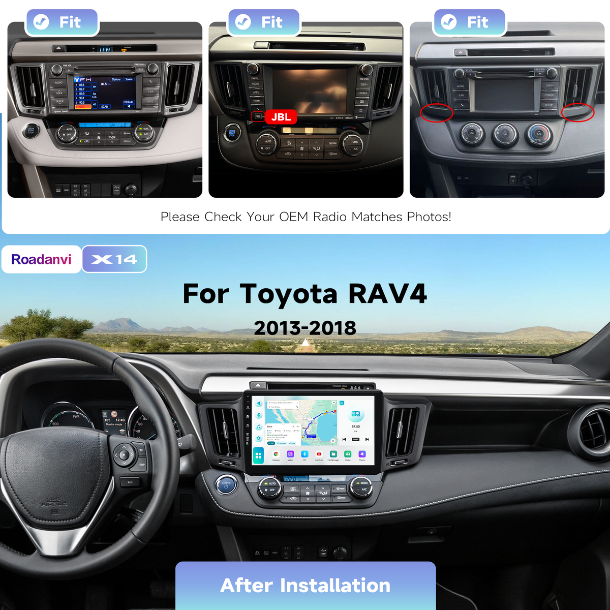 Roadanvi Android 14 10.2" Car Stereo for Toyota RAV4 2013-2018,Wireless Carplay, Android Auto, 6G RAM+128G ROM, Bluetooth 5.2, Head Unit GPS Navigation, QLED Touch Screen, WiFi, and 4G LTE,X14 Series