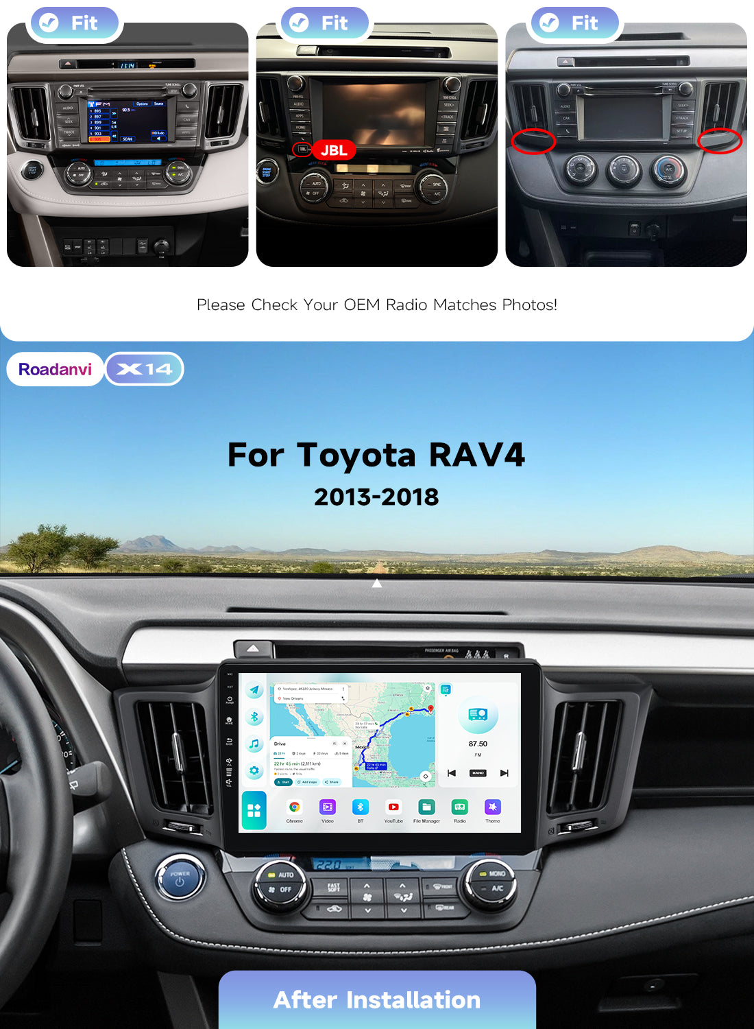 Roadanvi Android 14 10.2" Car Stereo for Toyota RAV4 2013-2018,Wireless Carplay, Android Auto, 6G RAM+128G ROM, Bluetooth 5.2, Head Unit GPS Navigation, QLED Touch Screen, WiFi, and 4G LTE,X14 Series