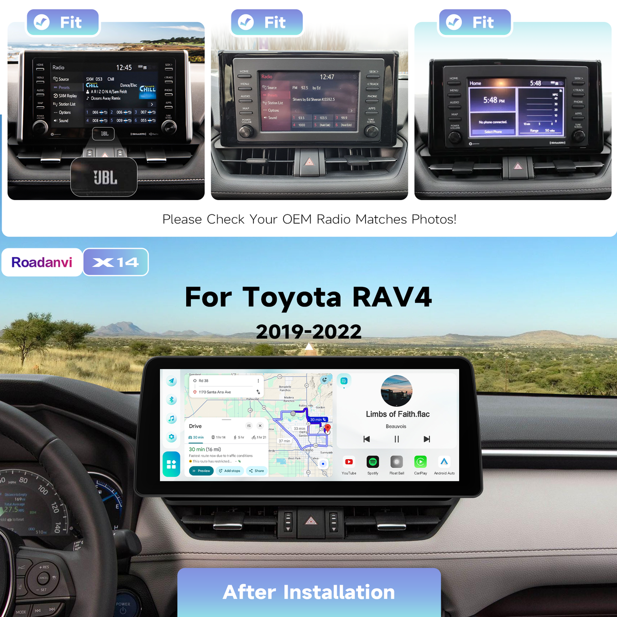 Roadanvi Android 14 6G+128G 12.3" Car Stereo for Toyota RAV4 2019-2022 Wireless Carplay Android Auto Car Radio Bluetooth 5.2 Head Unit QLED 1920x720 Touch Screen DTS GPS Navigation, X14 Series