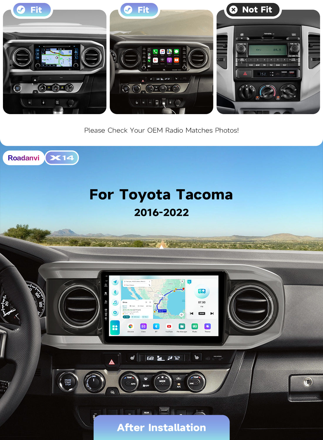 Roadanvi X14 6G+128G Head Unit for Toyota Tacoma 2016-2022 Wireless Apple Carplay & Android Auto, 10.2" Touch Screen Car Stereo, Bluetooth 5.2 GPS Navigation,4G LTE,5G WiFi,DTS Radio