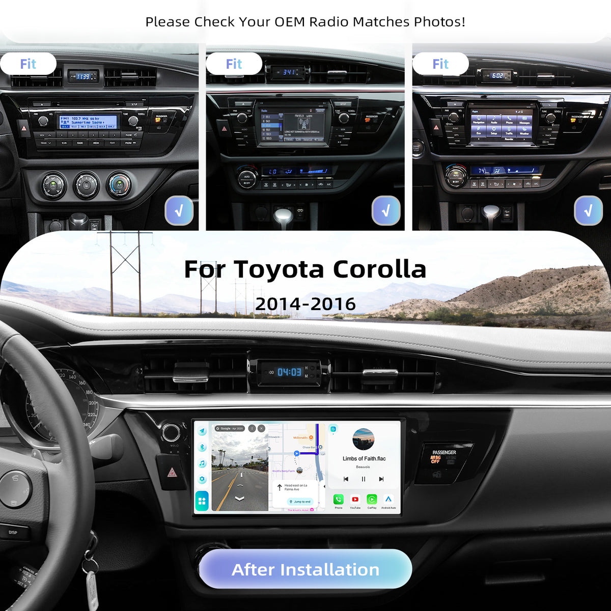 Roadanvi Android 14 6G+128GB 10.33" Car Stereo for Toyota Corolla 2014-2016 Wireless Carplay & Android Auto,Bluetooth 5.2 Head Unit,4G LTE,5G WiFi,QLED Touch Screen Radio,GPS Navigation,X14 Series