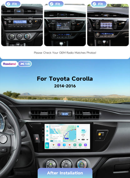 Roadanvi Android 14 6GB+128GB 10.2" Head Unit for Toyota Corolla 2014-2016 Carplay Android Auto Car Radio Bluetooth5.2 WiFi+4G LTE 1280x720 QLED Touch Screen Car Stereo GPS Navigation X14 Series