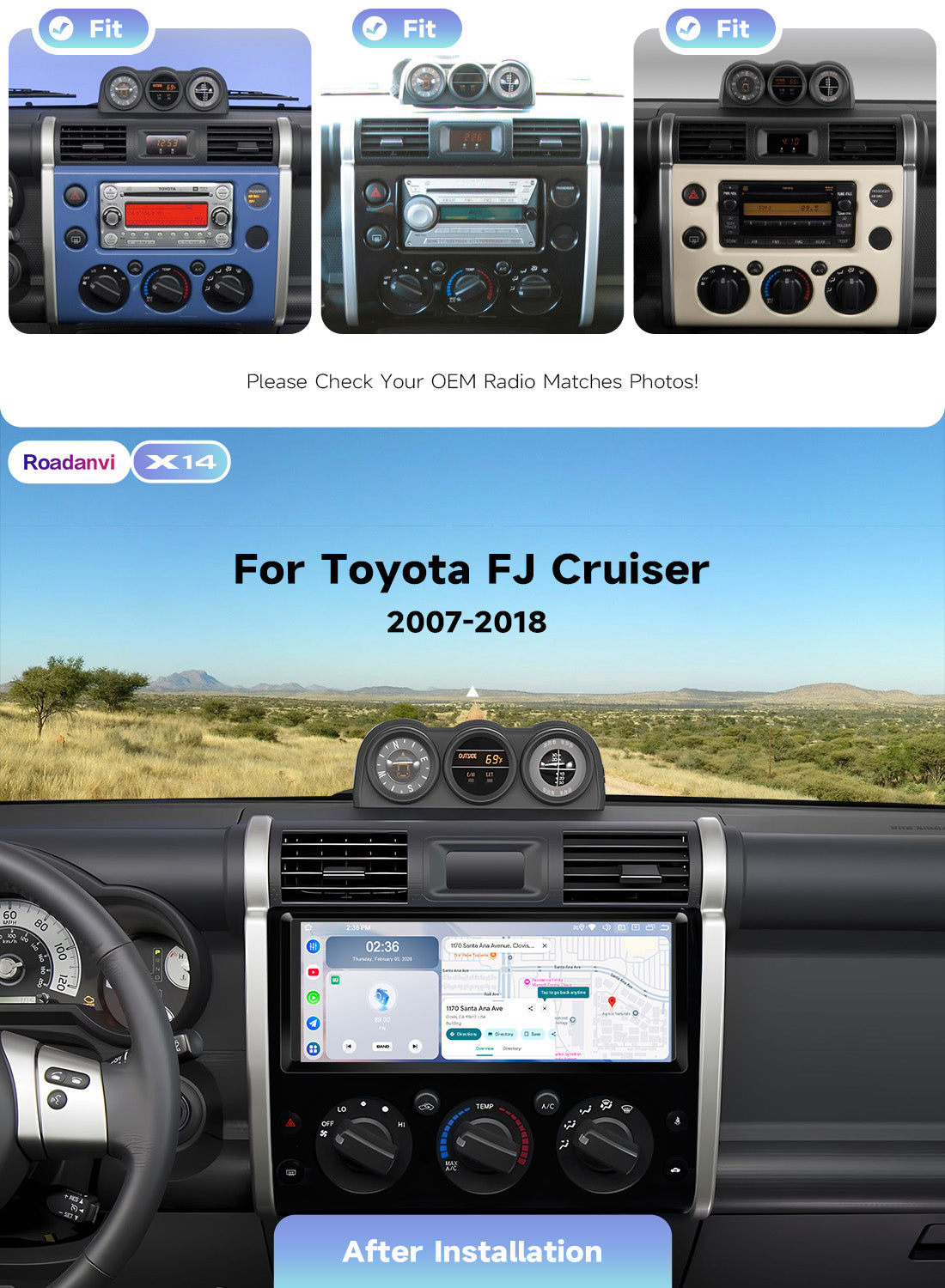 Roadanvi X14 12.3" Radio for Toyota FJ Cruiser 2007-2018,Wireless Apple Carplay Andorid Auto,6GB+128GB Head Unit Bluetooth 5.2 Car Stereo 2K QLED Touchscreen 1920x720 GPS Navigation,Black