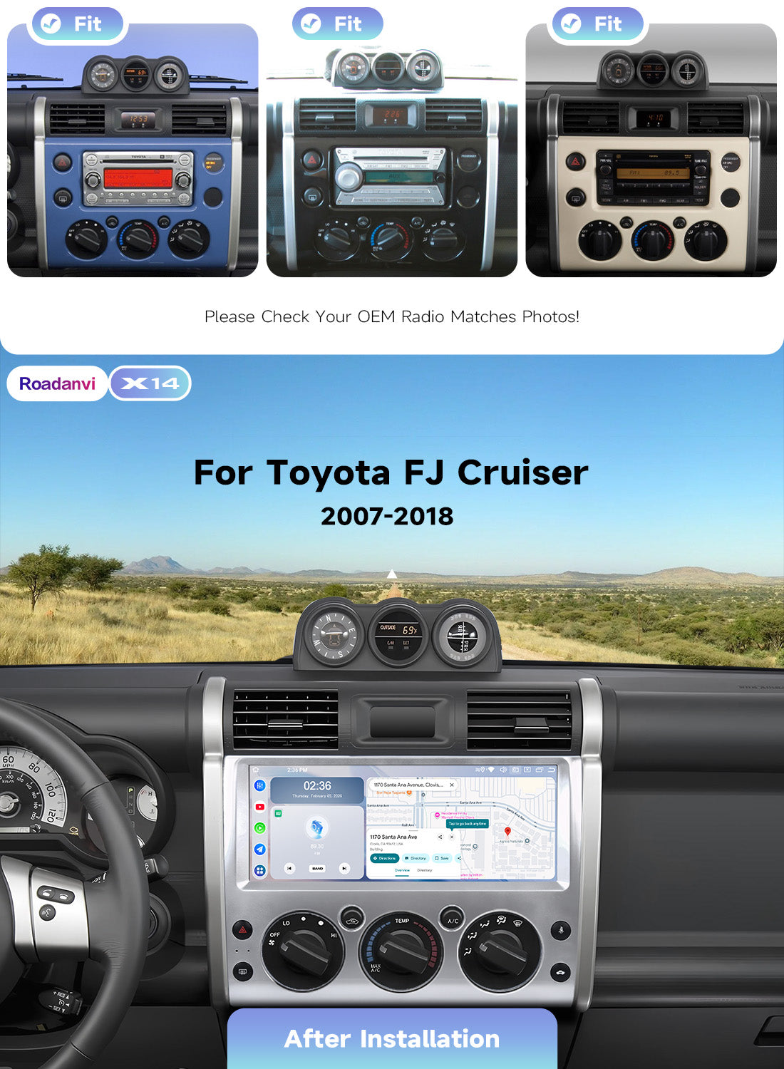 Roadanvi Android 14 6GB+128GB 12.3" Head Unit for Toyota FJ Cruiser 2007-2018,Wireless Apple Carplay Andorid Auto Car Radio Bluetooth 2K QLED 1920x720P Touchscreen Car Stereo GPS Navigation,Silver