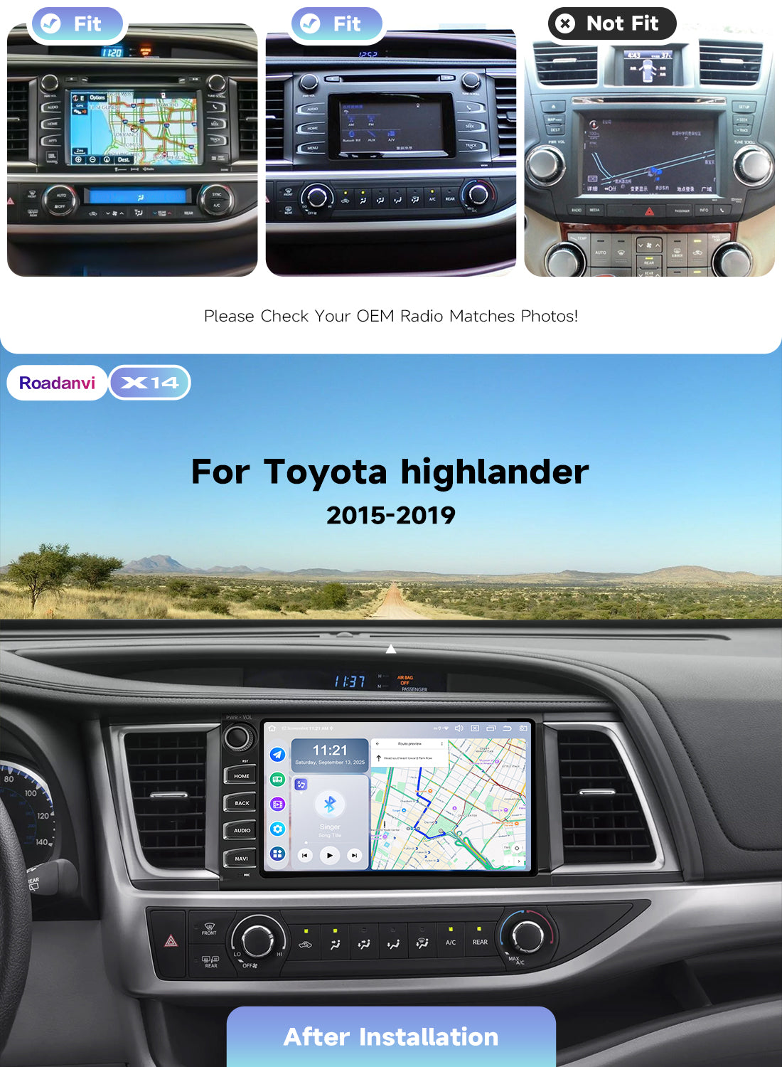 Roadanvi X14 6G+128G 10.2" Car Radio for Toyota Highlander 2015-2019 Wireless Carplay Android Auto Head Unit Car Stereo WiFi 4G LTE GPS Navigation 1280x720 QLED Touch Screen