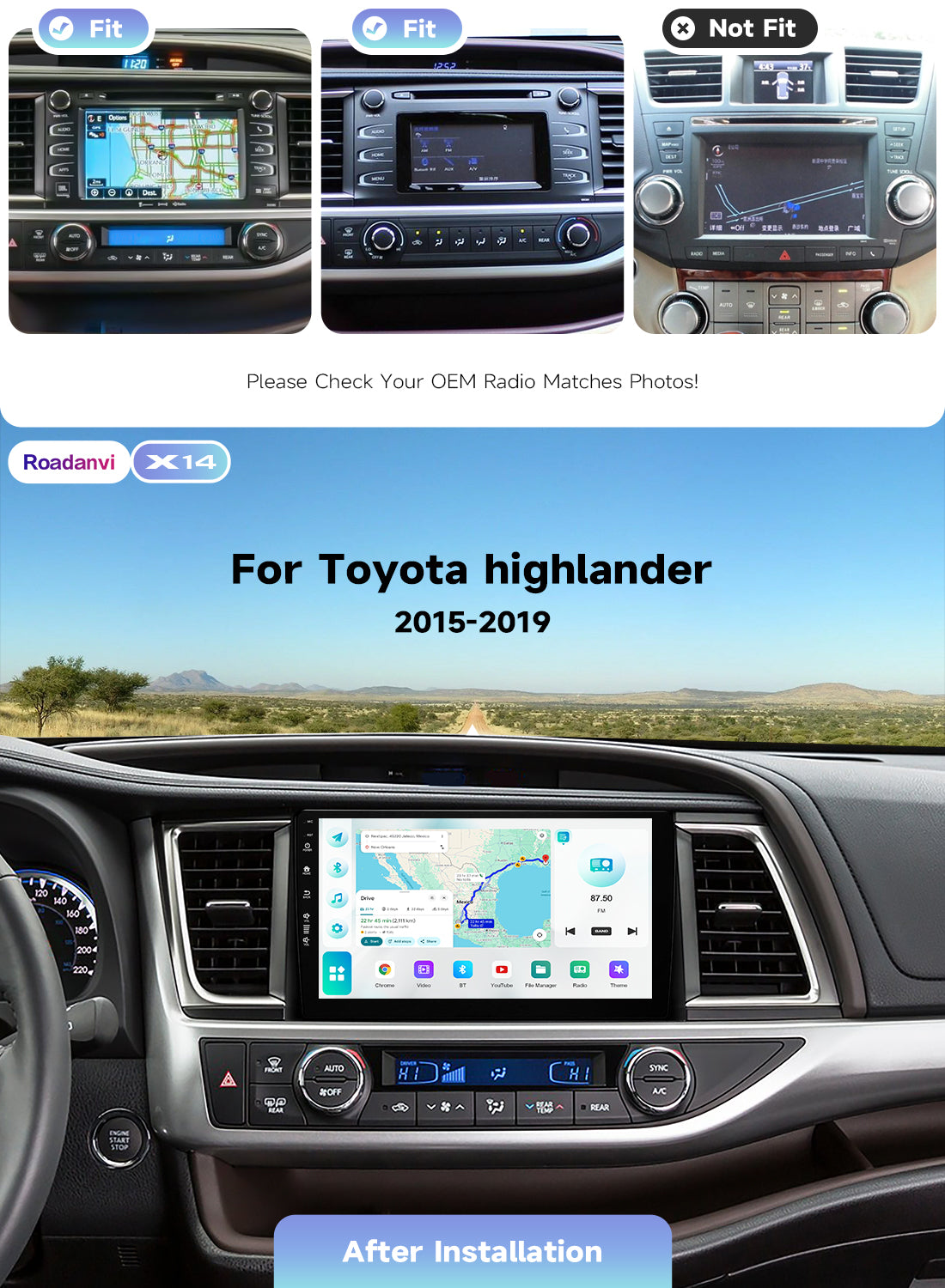 Roadanvi X14 6G+128G 10.2" Car Radio for Toyota Highlander 2015-2019 Wireless Carplay Android Auto Head Unit Car Stereo WiFi 4G LTE GPS Navigation 1280x720 QLED Touch Screen