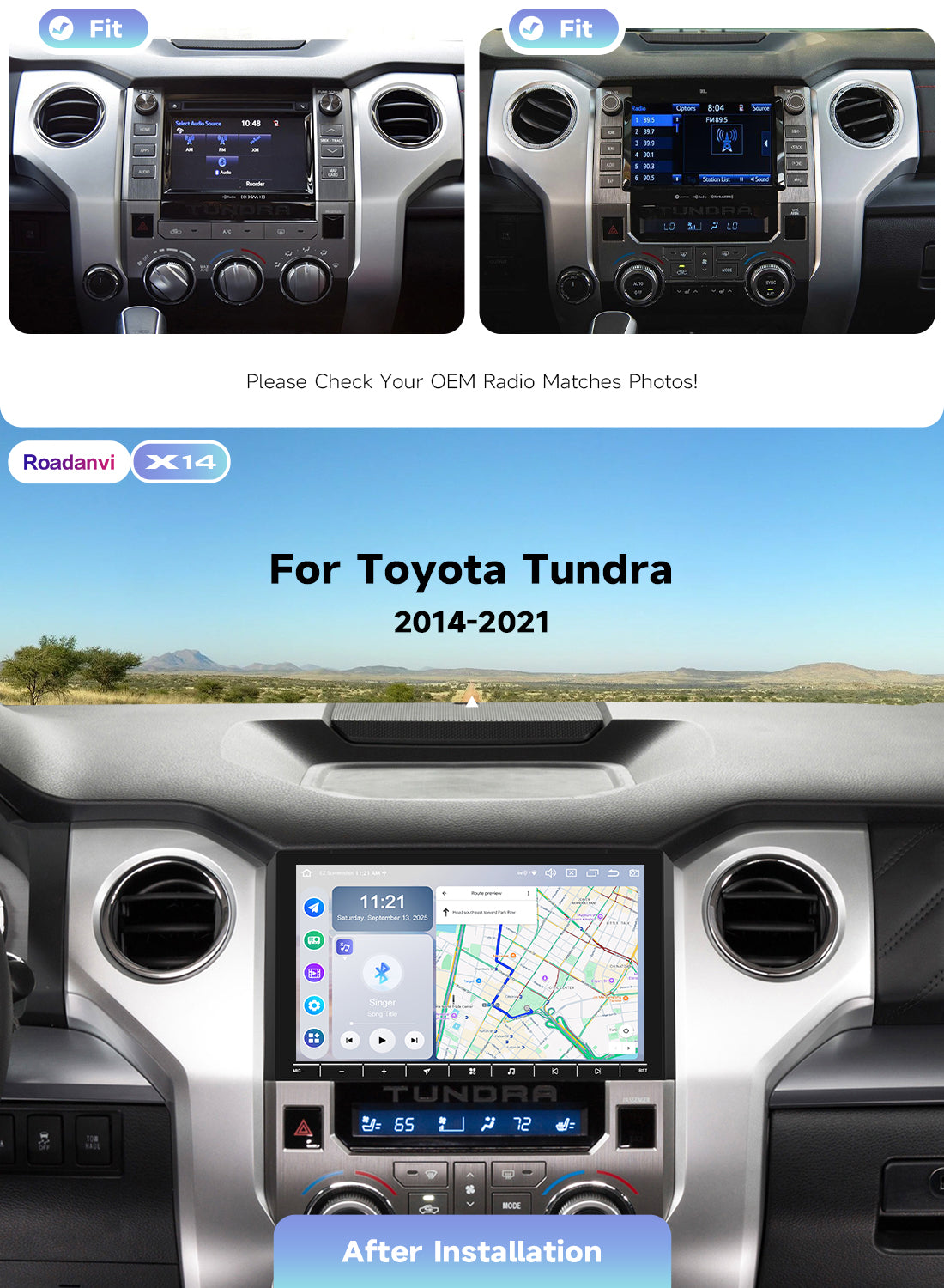 Roadanvi Android 14 Car Stereo for Toyota Tundra 2014-2021, Wireless Apple CarPlay & Android Auto, 6GB RAM 128GB ROM, 5G WiFi/4G LTE, 10.2" QLED Touchscreen Radio, Bluetooth 5.2, X14 GPS Navigation