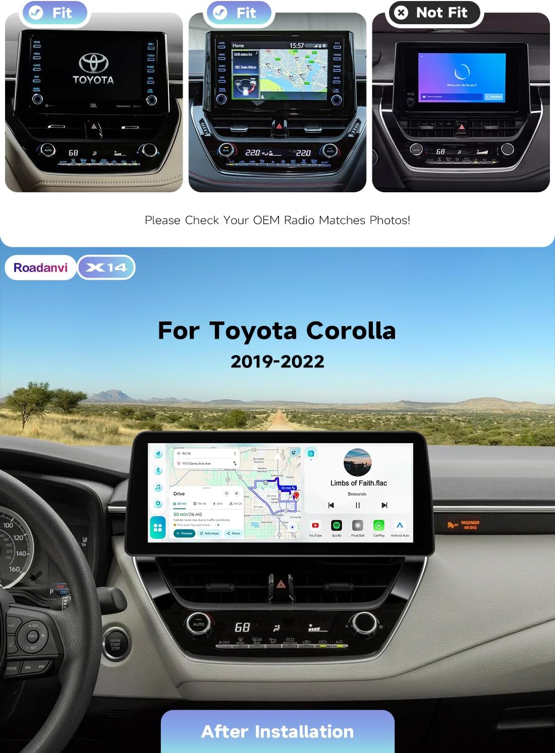 Roadanvi Android 14 6G+128G 12.3" Head Unit for Toyota Corolla 2019-2022 Wireless Carplay Andorid Auto WiFi 4G LTE 1920x720 Car Radio GPS Navigation Bluetooth Car Stereo 2K Touch Screen X14
