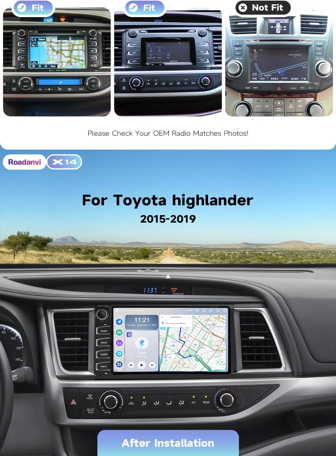 Android 14 6GB+128GB Head Unit for Toyota Highlander 2015-2019, 10.2" Car Stereo Wireless Apple CarPlay & Android Auto 4G LTE WiFi Physical Knobs & Buttons 1280 * 720P QLED Screen X14 Series