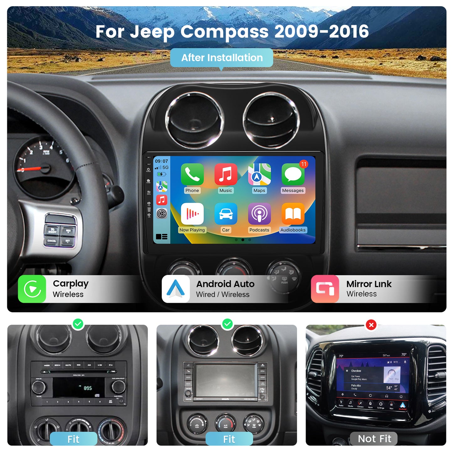 Roadanvi X12 Car Stereo for Jeep Compass 2009-2016 Car Radio Carplay Android Auto Bluetooth WiFi 4G LTE 10.2" QLED 1280x720 Touch Screen Android 12 Head Unit GPS Navigation 4G+64G