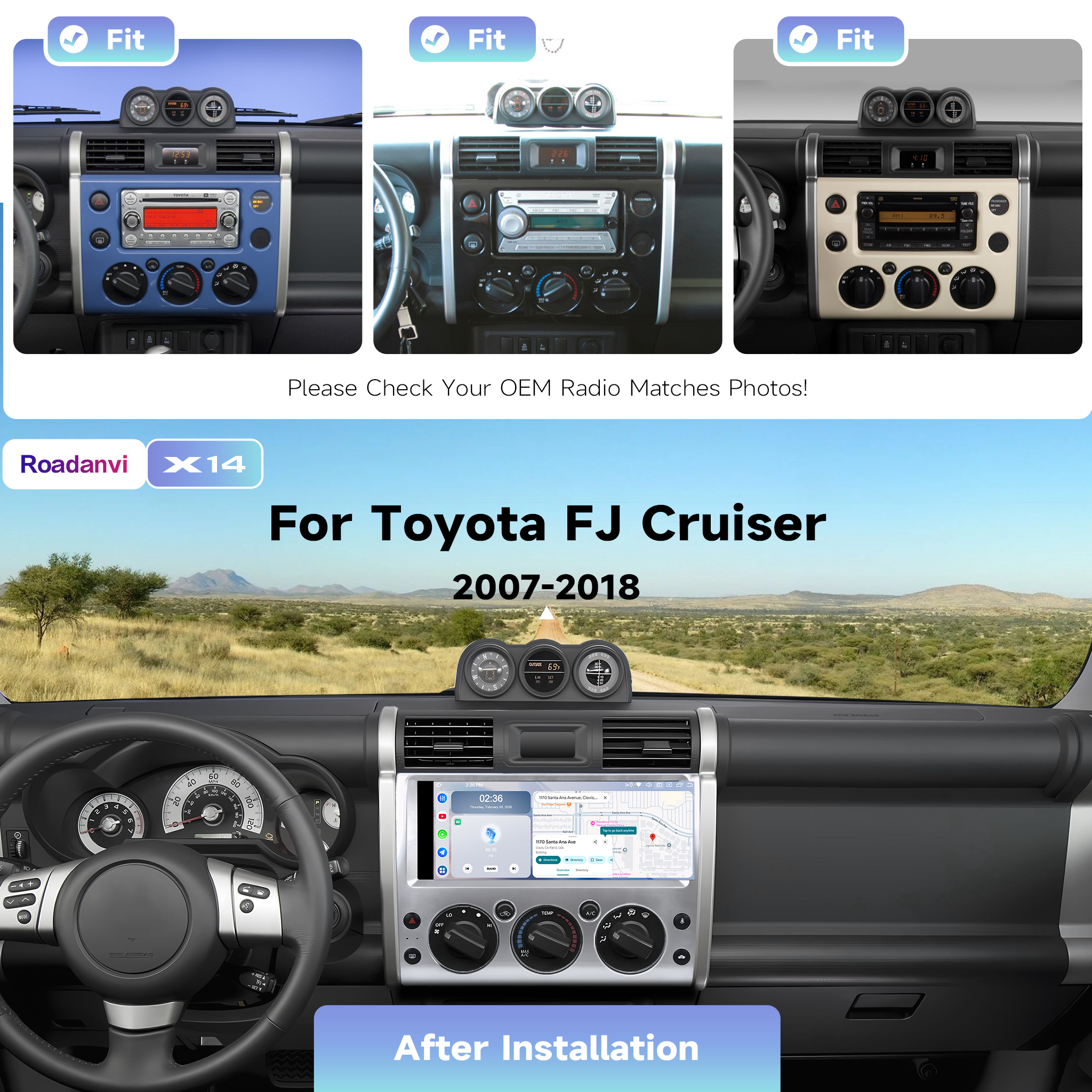 Roadanvi X14 12.3" Radio for Toyota FJ Cruiser 2007-2018,Wireless Apple Carplay Andorid Auto,6GB+128GB Head Unit Bluetooth 5.2 Car Stereo 2K QLED Touchscreen 1920x720 GPS Navigation,Black