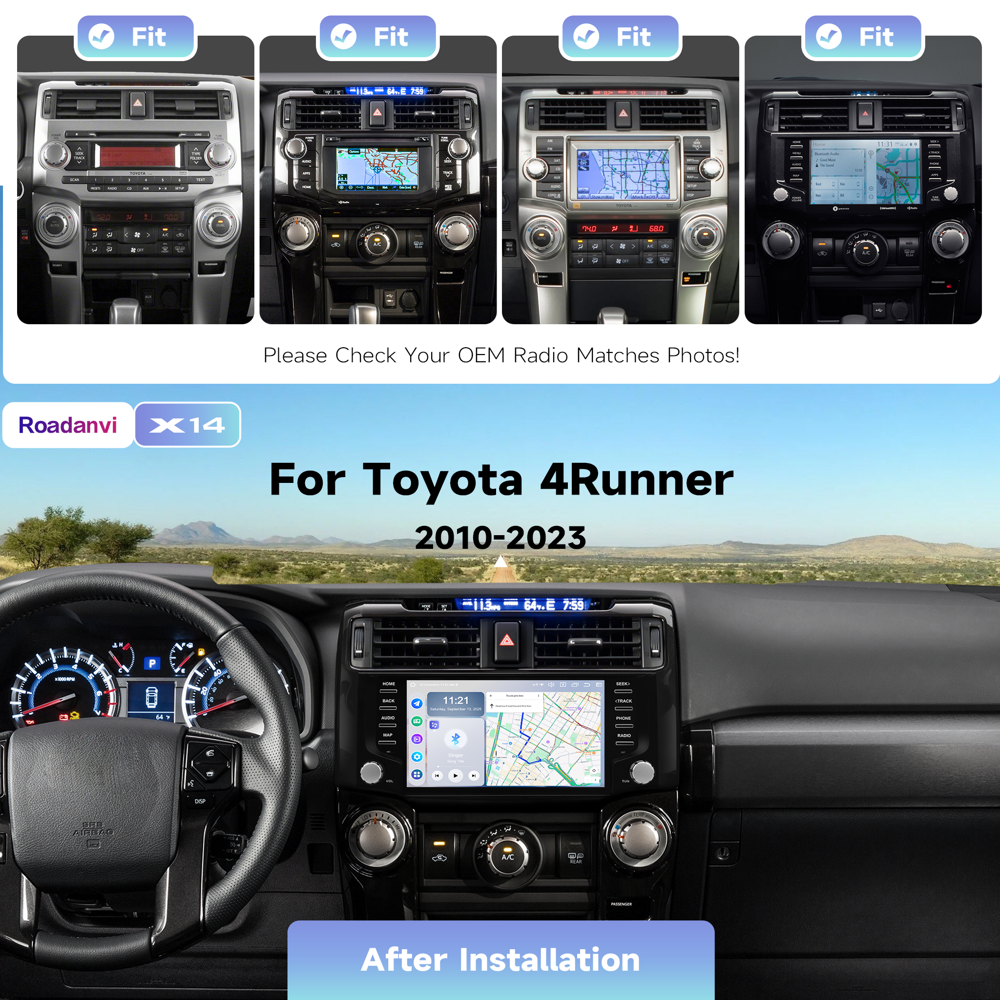Roadanvi Android 14 Car Stereo for Toyota 4Runner 2010-2023 with Wireless Carplay & Android Auto, 4G LTE, 9" Touch Screen Head Unit, GPS Navigation, Radio, Bluetooth 5.2, 5G WiFi, 6G+128G Black
