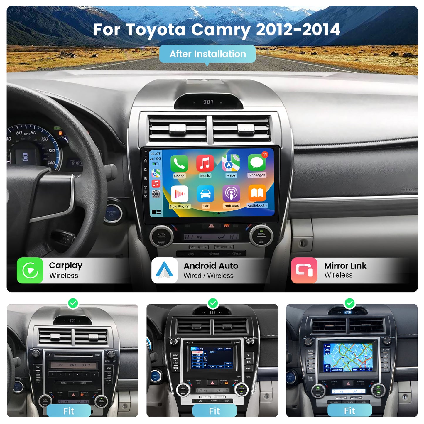 Roadanvi X12 4G+64G/8G+128G Car Stereo for Toyota Camry 2012 2013 2014 Wireless Carplay Android Auto AM/FM Radio Bluetooth 10.2" IPS 1280x720 Touch Screen 8 core Head Unit SWC/DSP GPS Navigation WiFi 4G LTE