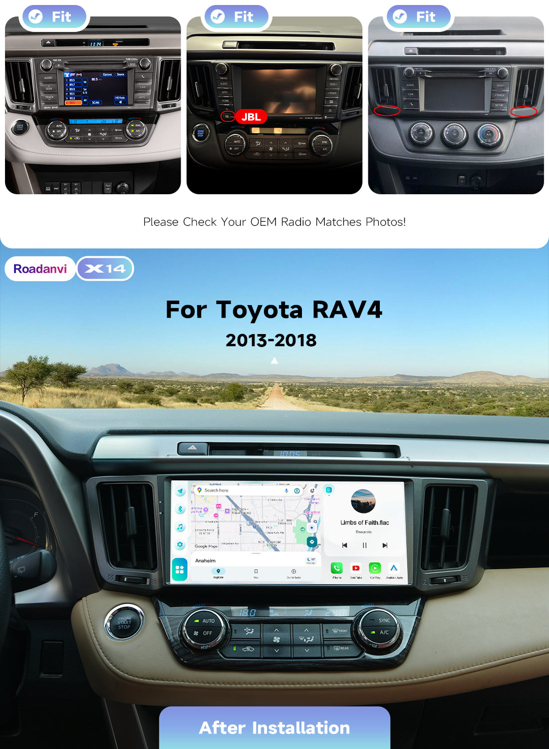 Roadanvi 10.33" Android 14 Car Stereo for Toyota RAV4 2013-2018,6G+128G with Wireless Carplay, Android Auto, Bluetooth 5.2, GPS Navigation, QLED Touch Screen, WiFi, and 4G LTE Head Unit