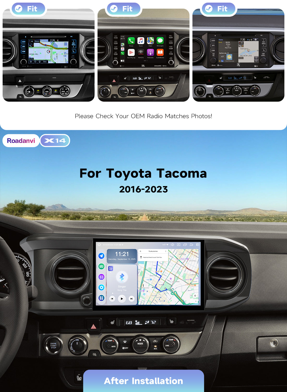 Roadanvi Android 14 11.6" Head Unit for Toyota Tacoma 2016-2023, Wireless CarPlay & Android Auto,6GB+128GB Gyro GPS Navigation, Car Radio,Plug and Play Stereo,knobs,X14 Series