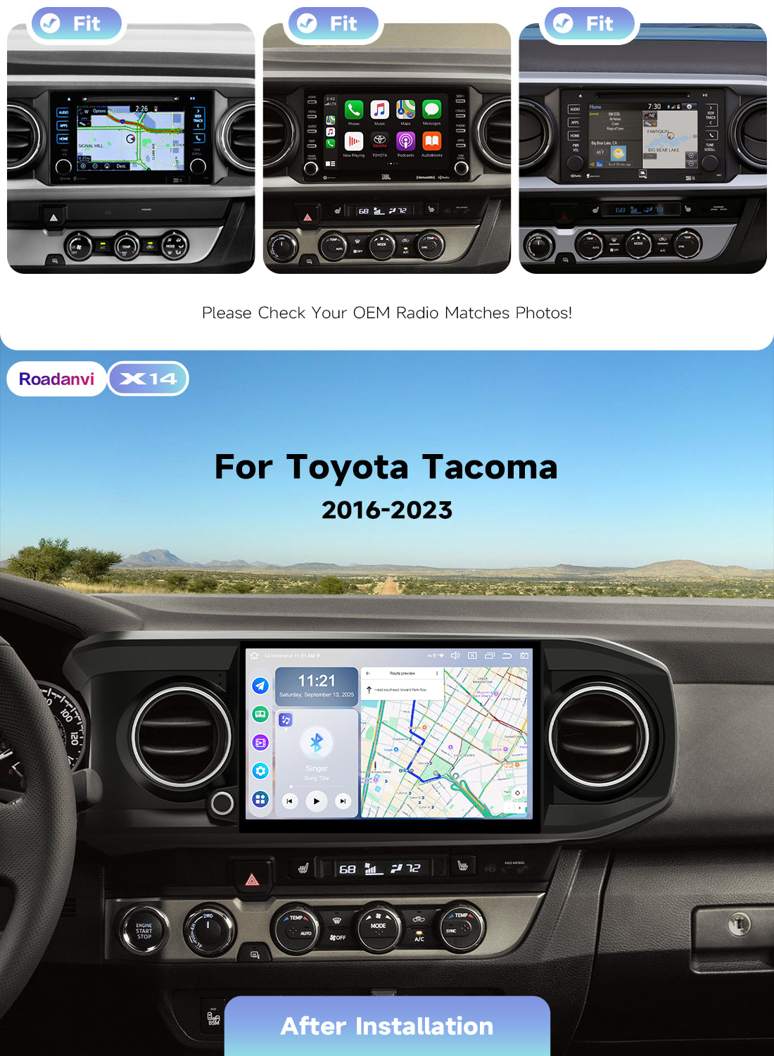 Roadanvi Android 14 11.6" Head Unit for Toyota Tacoma 2016-2023, Wireless CarPlay & Android Auto,6GB+128GB Gyro GPS Navigation, Car Radio,Plug and Play Stereo,knobs,X14 Series