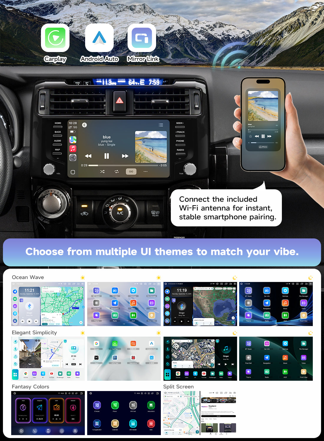 Roadanvi Android 14 Car Stereo for Toyota 4Runner 2010-2023 with Wireless Carplay & Android Auto, 4G LTE, 9" Touch Screen Head Unit, GPS Navigation, Radio, Bluetooth 5.2, 5G WiFi, 6G+128G Black