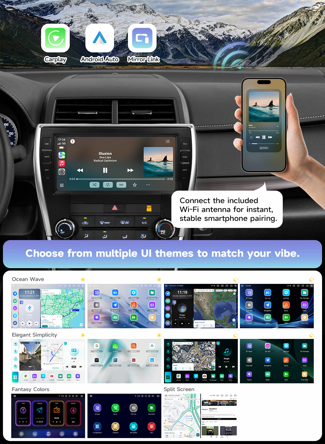 Roadanvi Android 14 6G+128G Car Radio for Toyota Camry 2015 2016 2017 Wireless Carplay Android Auto Car Stereo GPS Navigation WiFi 4G LTE 10.33" QLED Touch Screen Head Unit Bluetooth 5.2 DTS X14