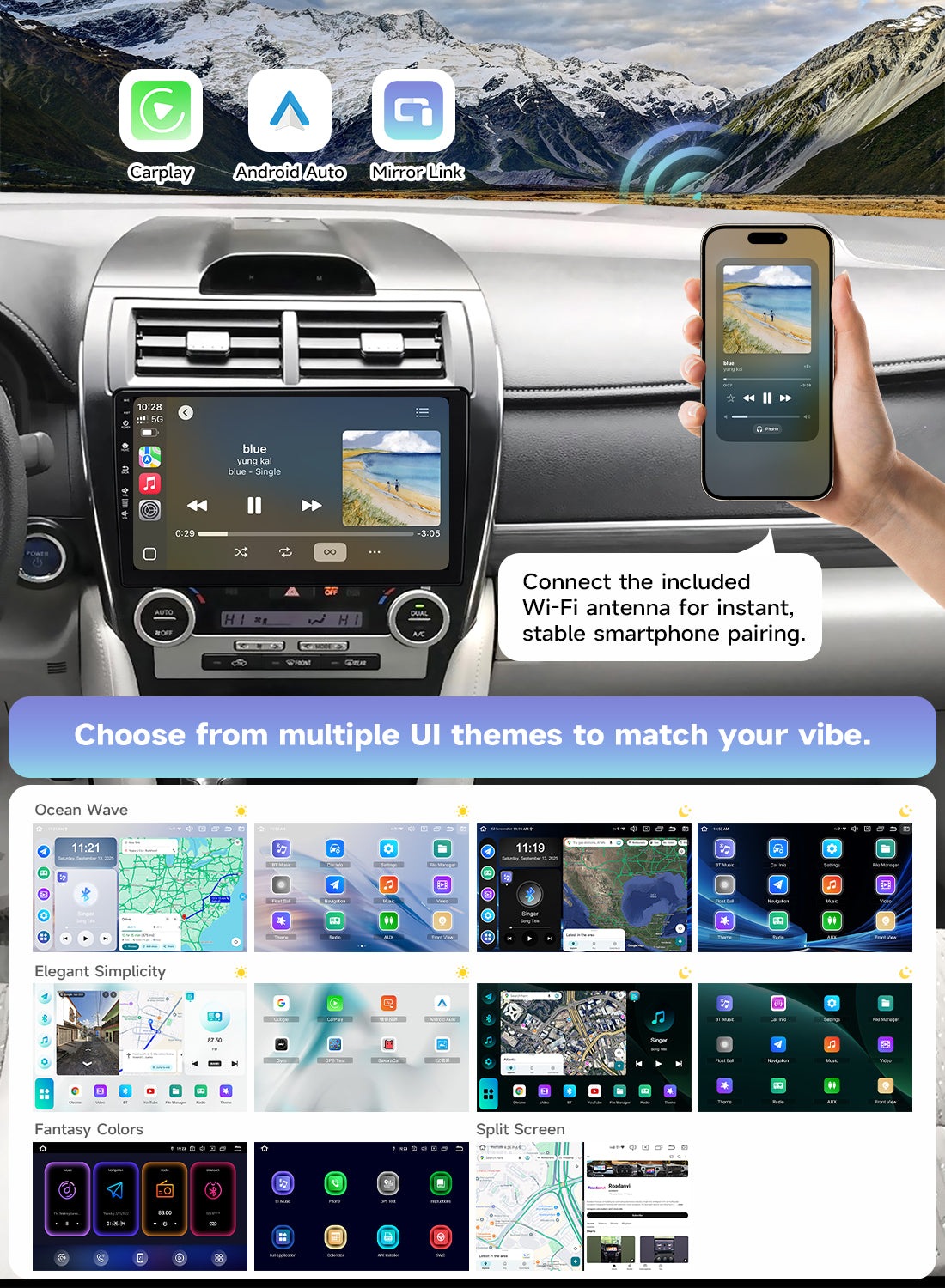 Roadanvi Android 14 6G+128G 10.2" Car Stereo for Toyota Camry 2012-2014 Wireless Carplay Android Auto Car Radio GPS Navigation Bluetooth 5.2 Head Unit WiFi 4G LTE 1280x720 QLED Touch Screen, X14