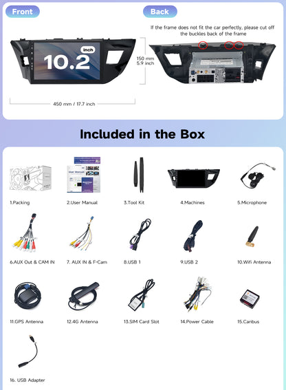 Roadanvi Android 14 6GB+128GB 10.2" Head Unit for Toyota Corolla 2014-2016 Carplay Android Auto Car Radio Bluetooth5.2 WiFi+4G LTE 1280x720 QLED Touch Screen Car Stereo GPS Navigation X14 Series