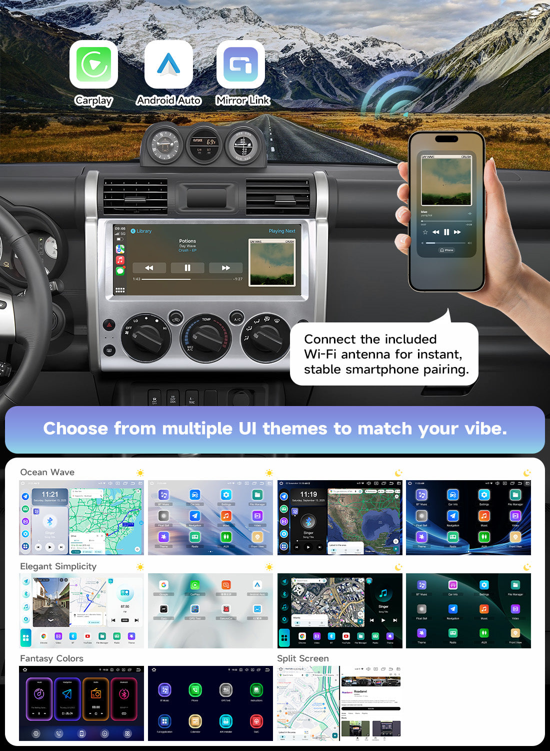 Roadanvi Android 14 6GB+128GB 12.3" Head Unit for Toyota FJ Cruiser 2007-2018,Wireless Apple Carplay Andorid Auto Car Radio Bluetooth 2K QLED 1920x720P Touchscreen Car Stereo GPS Navigation,Silver