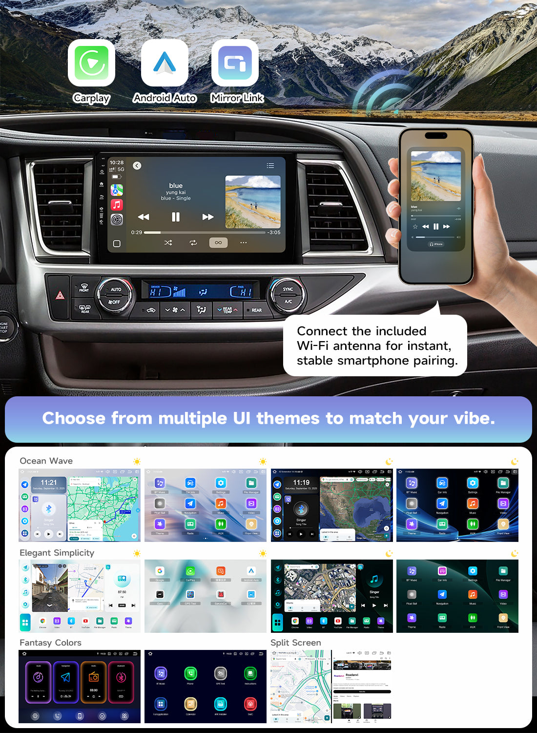 Roadanvi X14 6G+128G 10.2" Car Radio for Toyota Highlander 2015-2019 Wireless Carplay Android Auto Head Unit Car Stereo WiFi 4G LTE GPS Navigation 1280x720 QLED Touch Screen