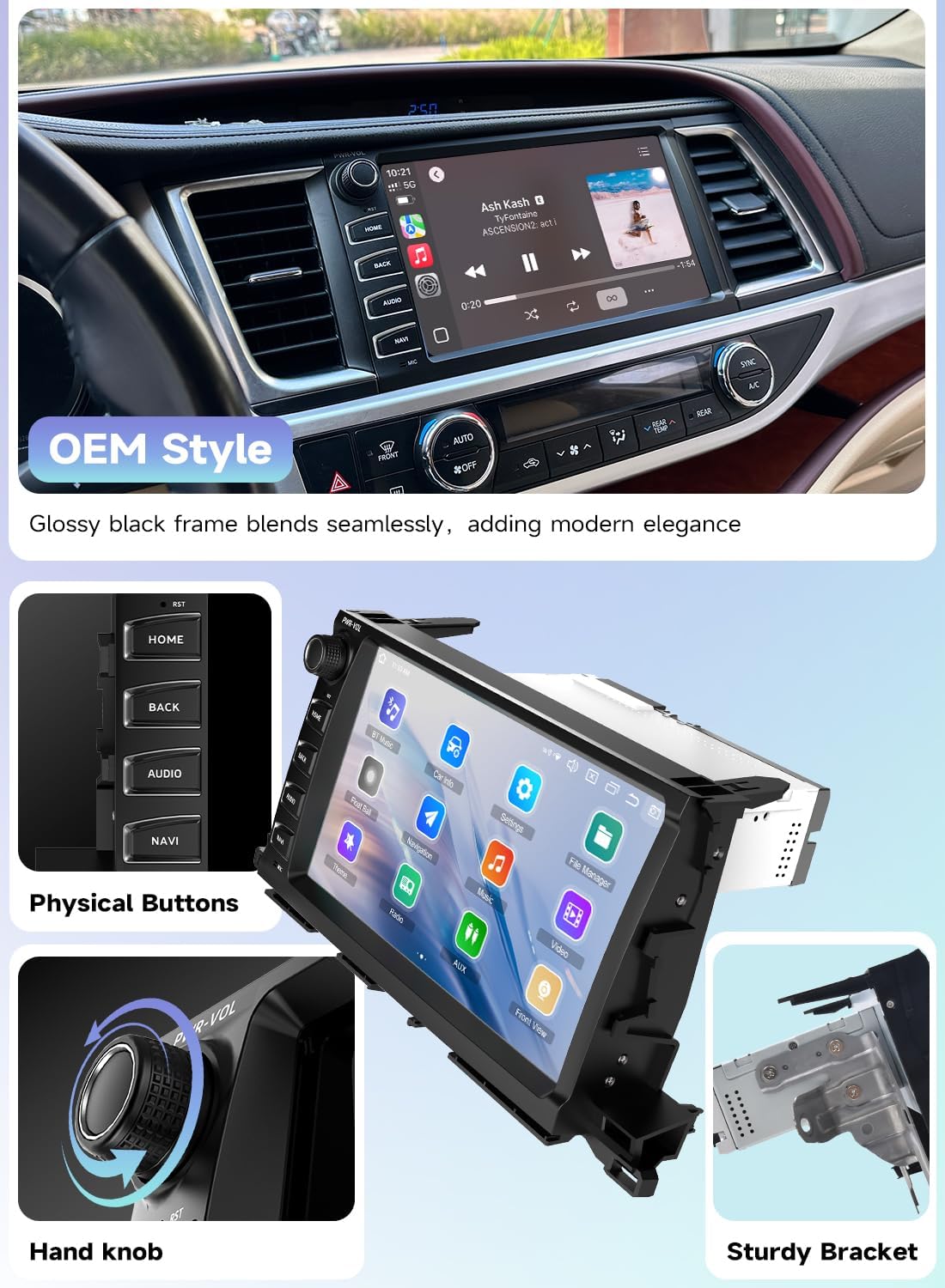 Android 14 6GB+128GB Head Unit for Toyota Highlander 2015-2019, 10.2" Car Stereo Wireless Apple CarPlay & Android Auto 4G LTE WiFi Physical Knobs & Buttons 1280 * 720P QLED Screen X14 Series