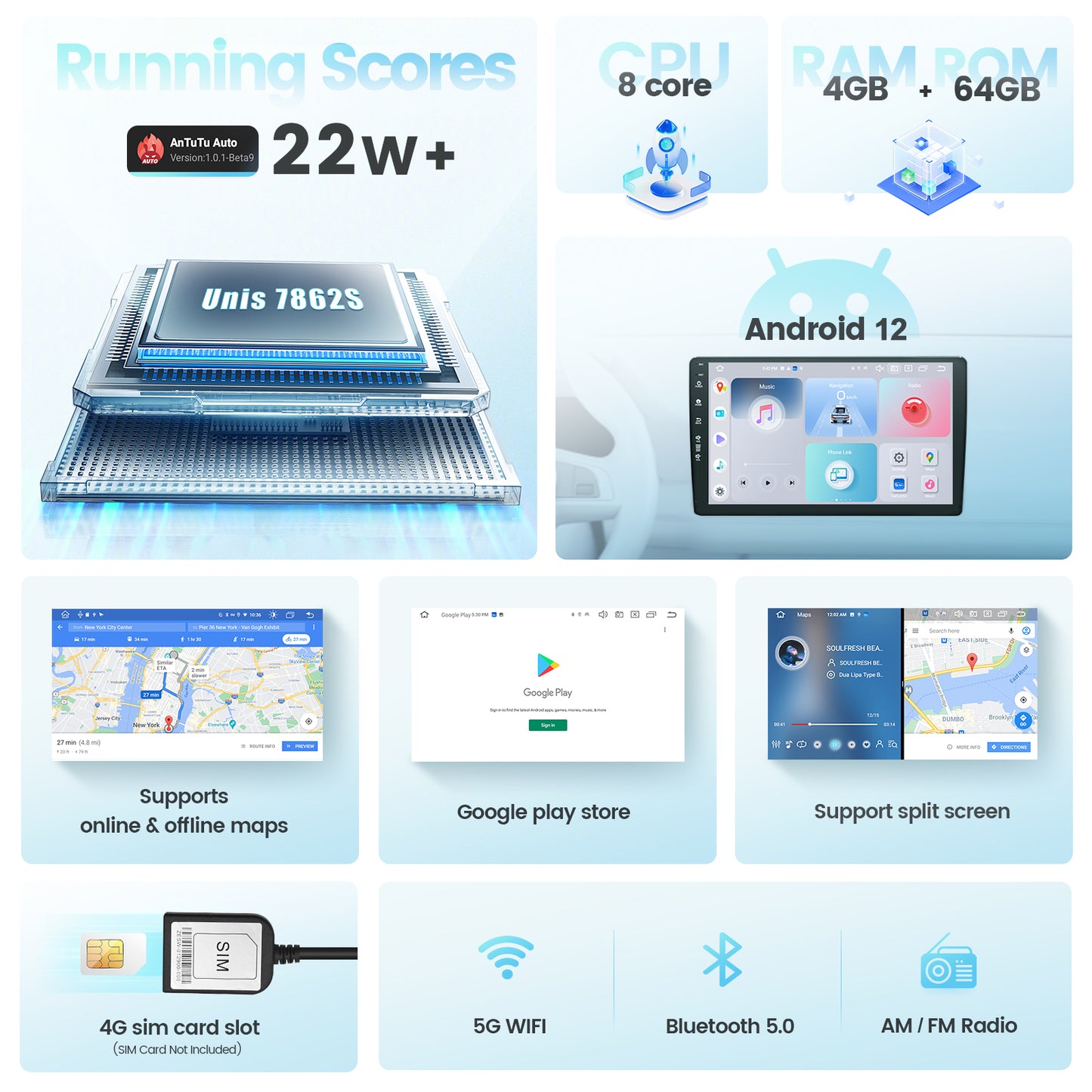 Roadanvi X12 4G+64G/8G+128G Car Stereo for Toyota Camry 2012 2013 2014 Wireless Carplay Android Auto AM/FM Radio Bluetooth 10.2" IPS 1280x720 Touch Screen 8 core Head Unit SWC/DSP GPS Navigation WiFi 4G LTE