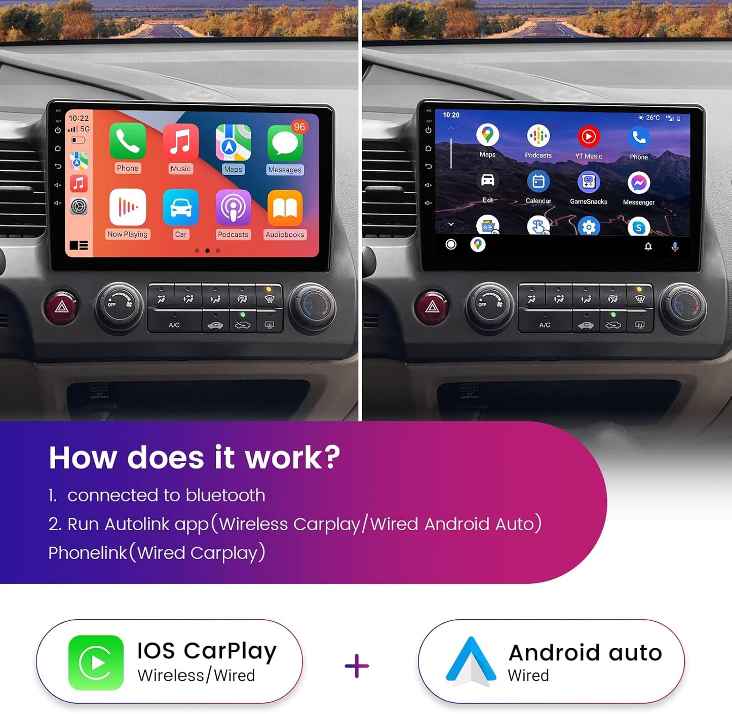 Roadanvi 10.2" Android Car Radio for Honda Civic 8th 2007-2011 with Wireless Carplay, Android Auto, Bluetooth, GPS Navigation, 1280x720 IPS Touch Screen, 8 core,Head Unit,Built-in DSP, 4GB+64GB