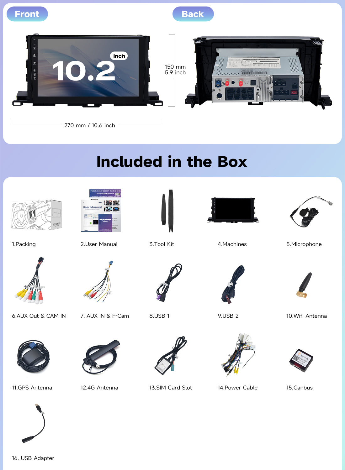 Roadanvi X14 6G+128G 10.2" Car Radio for Toyota Highlander 2015-2019 Wireless Carplay Android Auto Head Unit Car Stereo WiFi 4G LTE GPS Navigation 1280x720 QLED Touch Screen