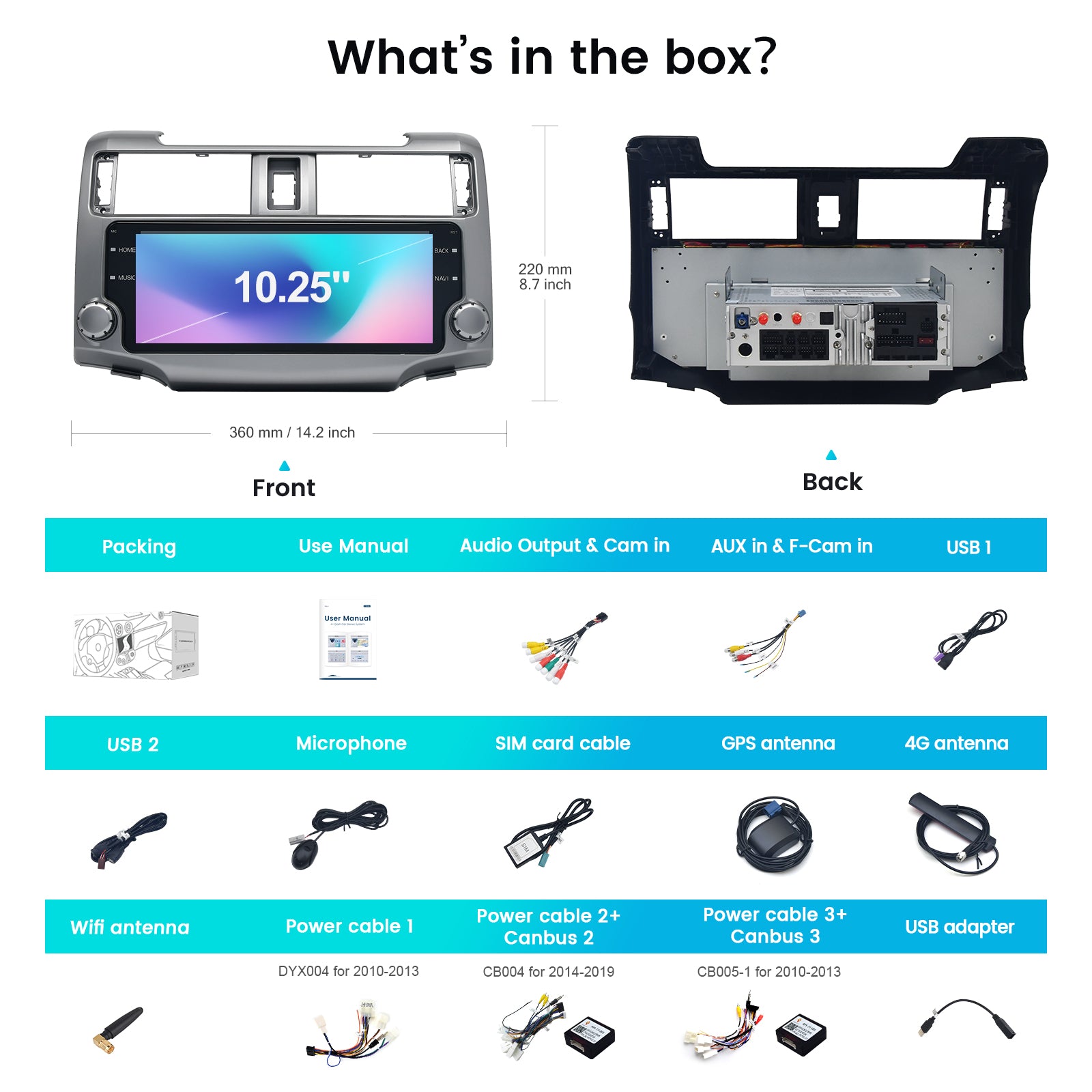 Roadanvi X12 2K 10.25" 4G+64G Car Stereo for Toyota 4Runner 2010-2019 Wireless Carplay Android Auto 4G LTE Car Radio Head Unit 1920×720 QLED Touch Screen DSP GPS Navigation Android 12 Sliver