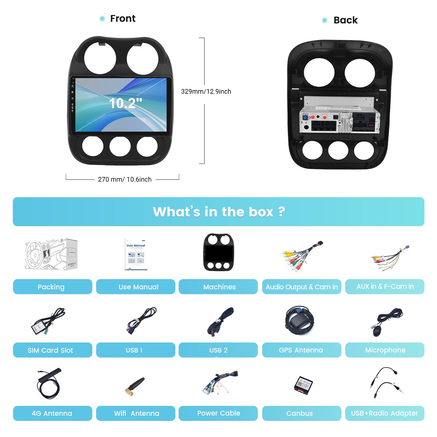 Roadanvi X12 Car Stereo for Jeep Compass 2009-2016 Car Radio Carplay Android Auto Bluetooth WiFi 4G LTE 10.2" QLED 1280x720 Touch Screen Android 12 Head Unit GPS Navigation 4G+64G