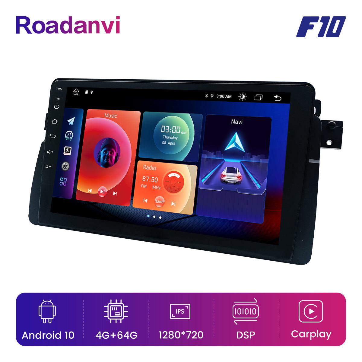 Roadanvi F10 For 1998-2006 BMW E46 Android Auto Radio Carplay bluetooth 5.0 4GB RAM + 64GB ROM 9 "Touchscreen 1280x720 DAB Wifi Bluetooth Auto GPS Navigatie