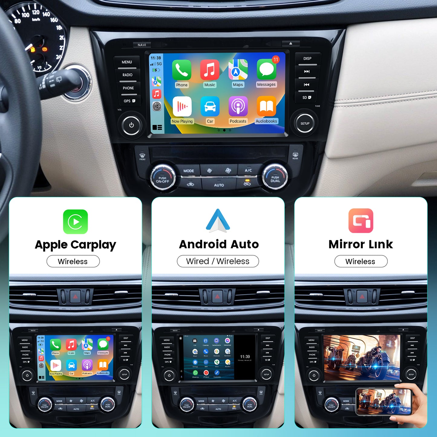Roadanvi 4GB+64GB X12 Android Car Stereo for Nissan X-Trail Qashqai 2014-2018 Wireless Carplay Android Auto Car Radio GPS Navigation Bluetooth QLED Touch Screen WiFi 4G LTE  Head Unit