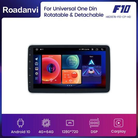 Roadanvi F10 For Single Din Universal Car Radio 10.2 inch Android Auto 4G RAM 64G ROM Detachable Touch screen Wifi Stereo