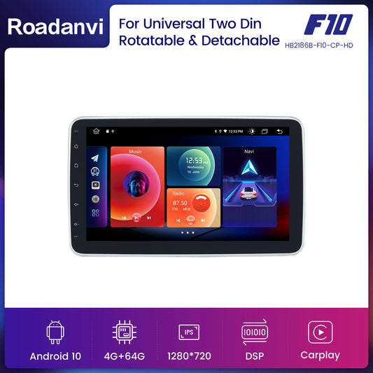 Roadanvi F10 For Double Din Universal Car Stereo 10.2 inch Android Auto Carplay 1280*720 Detachable Rotatable Audio