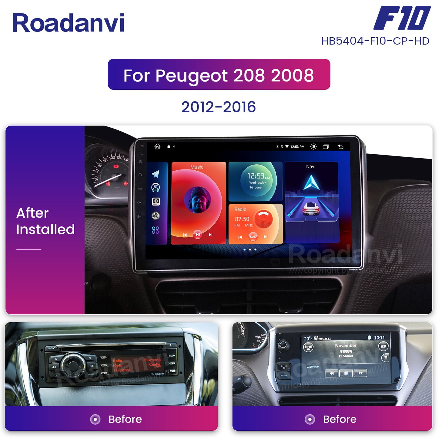 Roadanvi F10 For Peugeot 208 2008 2012 2013 2014 2015 2016 Car GPS Navigation 2.5D Touch Screen Android Video TDA7851 Apple Carplay Radio