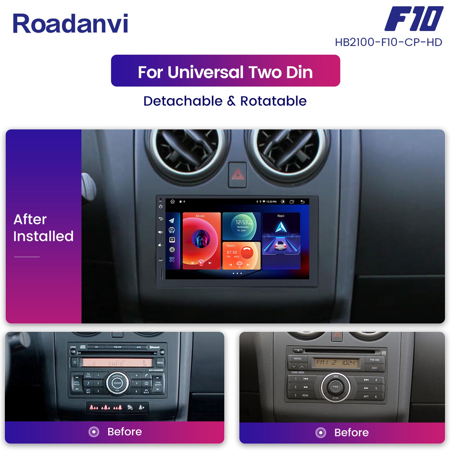 Roadanvi F10 For Single Din Universal Car Radio 10.2 inch Android Auto