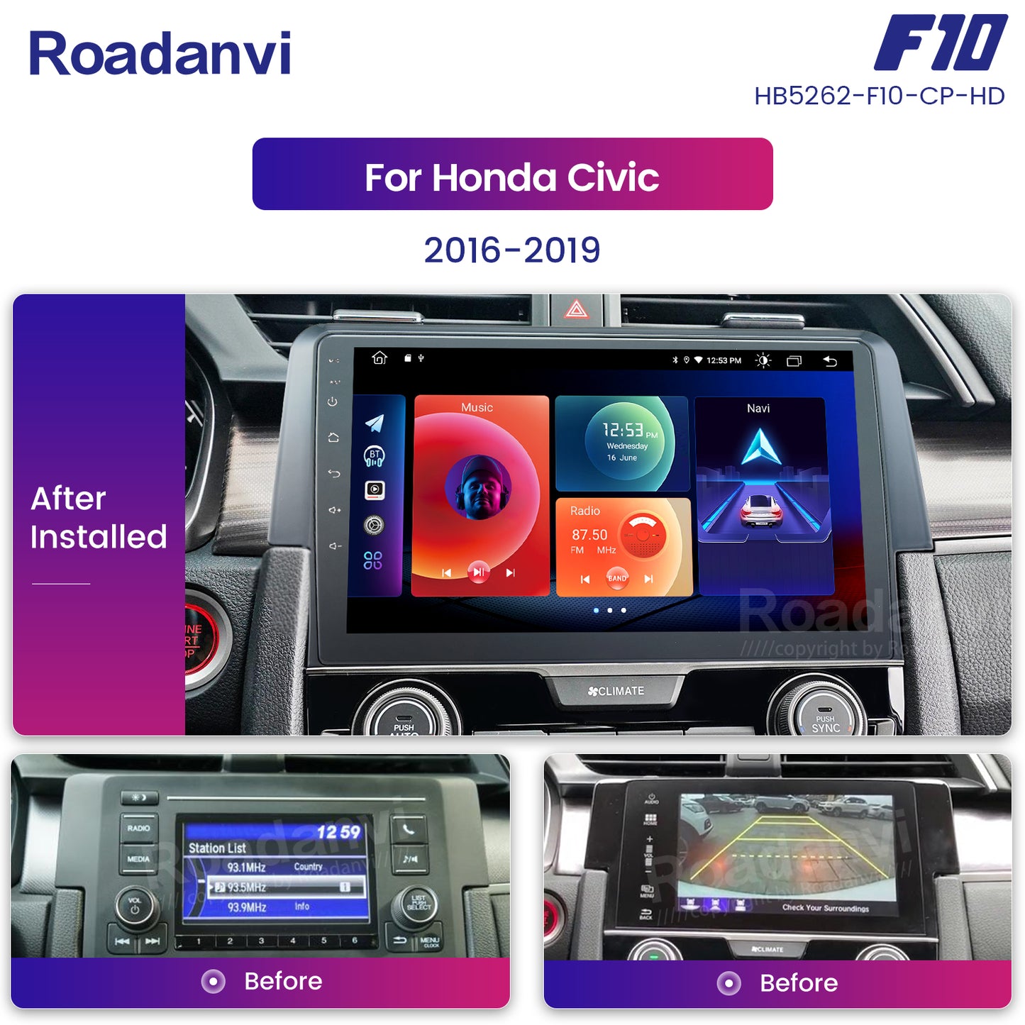 Roadanvi F10 For Honda Civic 2015 2016 2017 Car Stereo 10.2 Inch Touch screen DSP Apple Carplay 1280*720 USB Audio