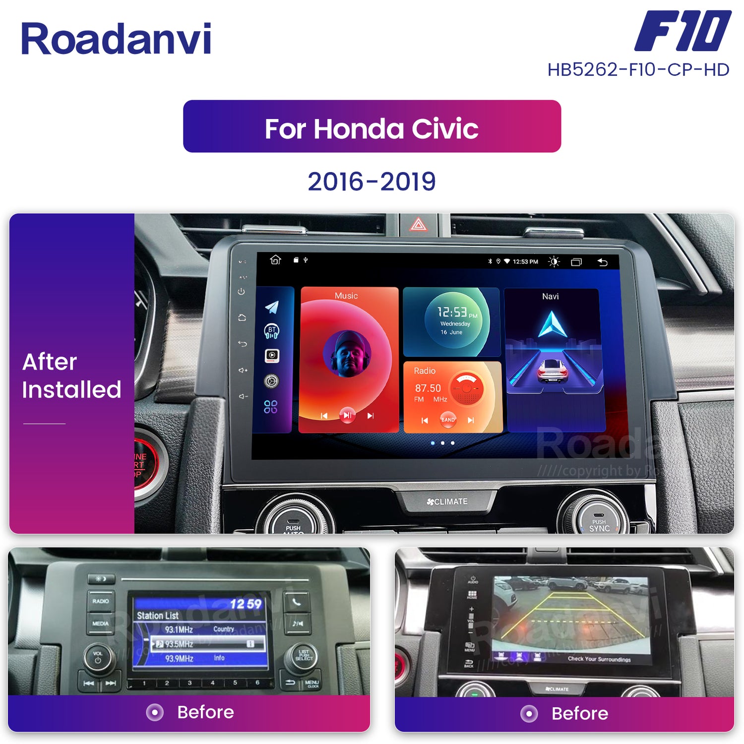 Roadanvi F10 For Single Din Universal Car Radio 10.2 inch Android Auto