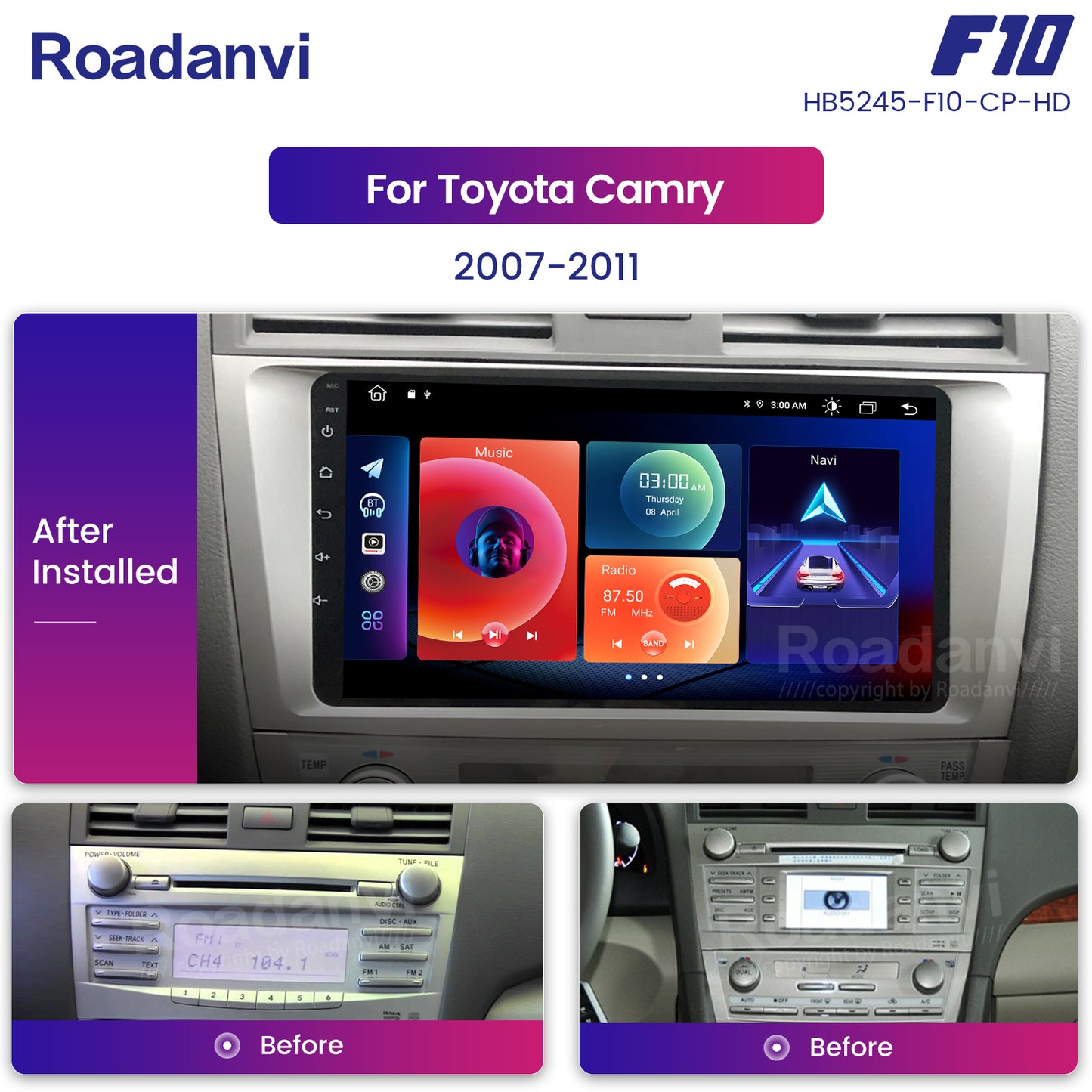Roadanvi F10 For Toyota Camry 2007 2008 2009 2010 2011 Car Stereo 2.5D Touch Screen Apple Carplay 4G RAM TDA7851 GPS Navigation