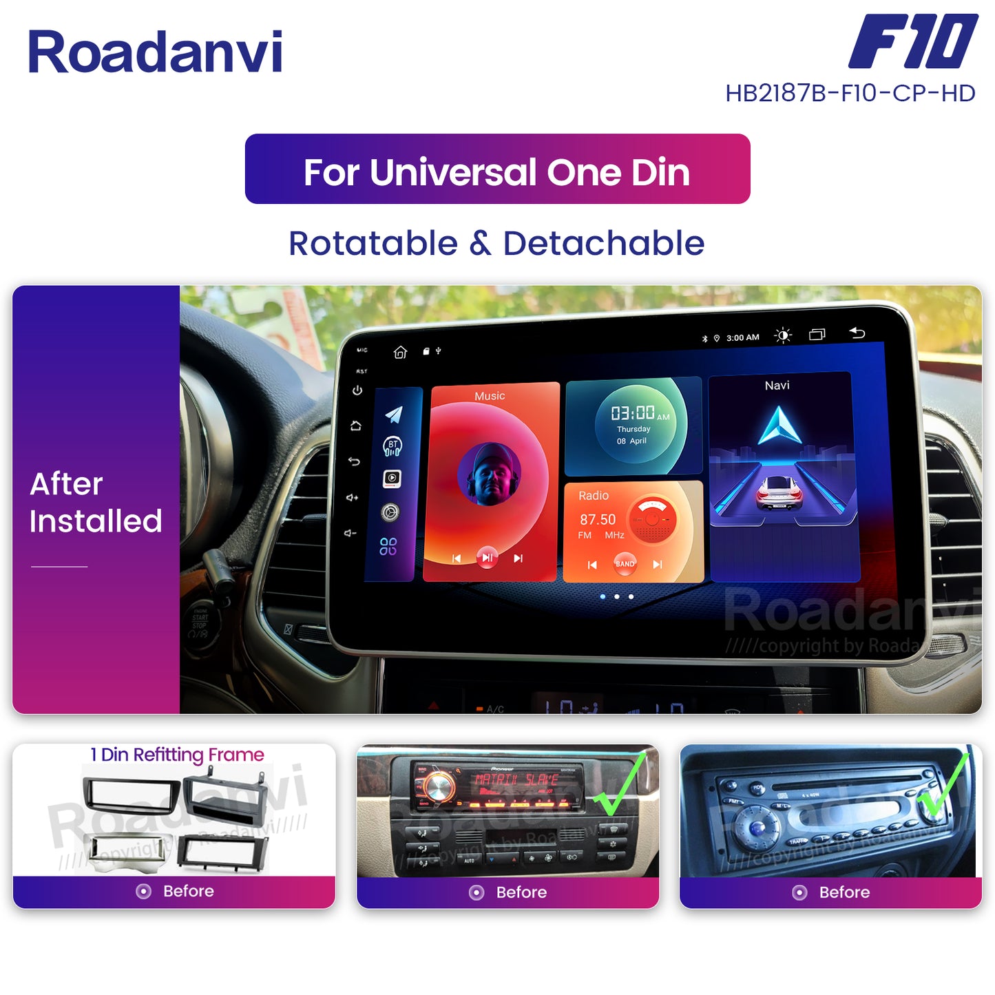 Roadanvi F10 For Single Din Universal Car Radio 10.2 inch Android Auto 4G RAM 64G ROM Detachable Touch screen Wifi Stereo
