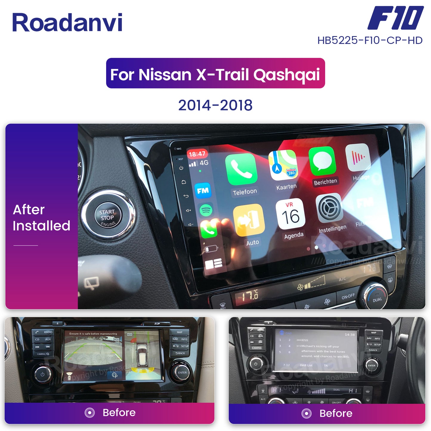 Roadanvi F10 For Nissan X-Trail Qashqai Rogue 2014 2015 2016 2017 2018 Car Stereo Apple Carplay GPS 4*50W