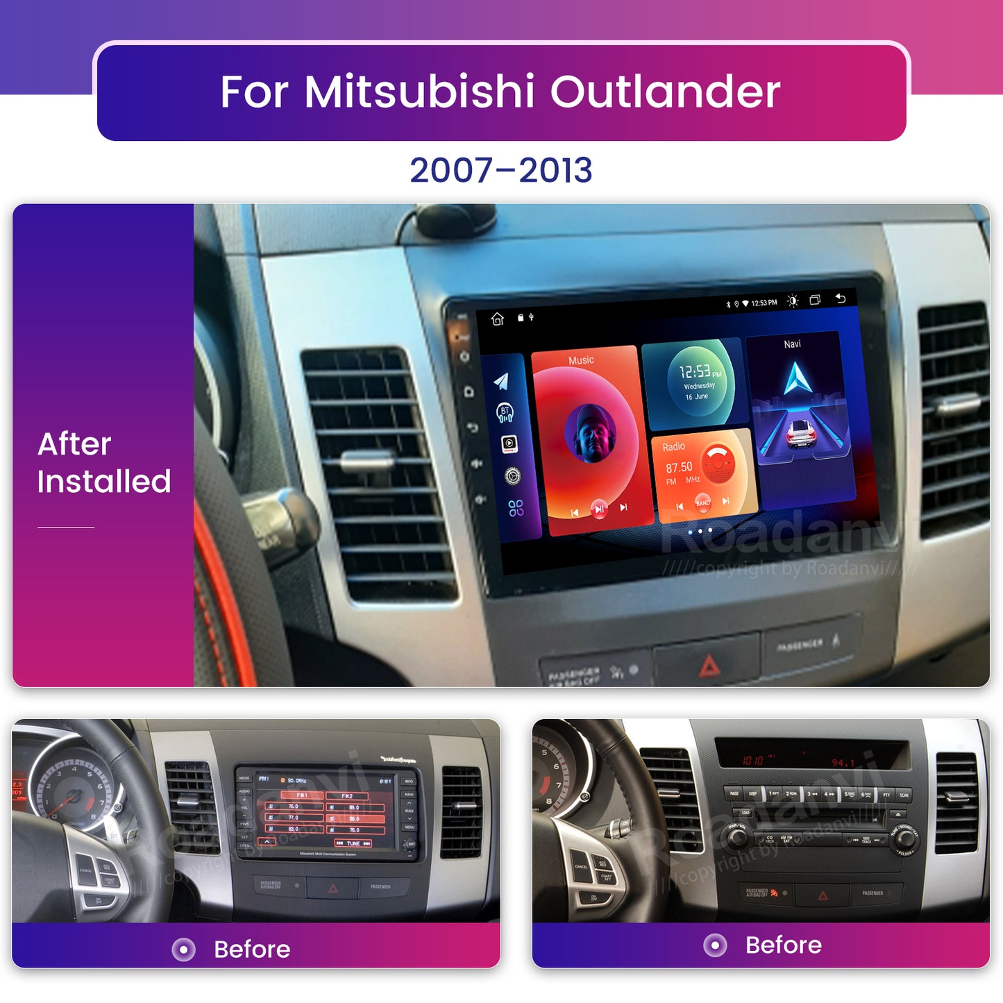 Roadanvi F10 for Mitsubishi Outlander 2007 2008 2009 2010 2011 2012 2013 Car GPS Navigation AI Voice Control Apple Carplay Android Auto 4G 64G DSP Stereo