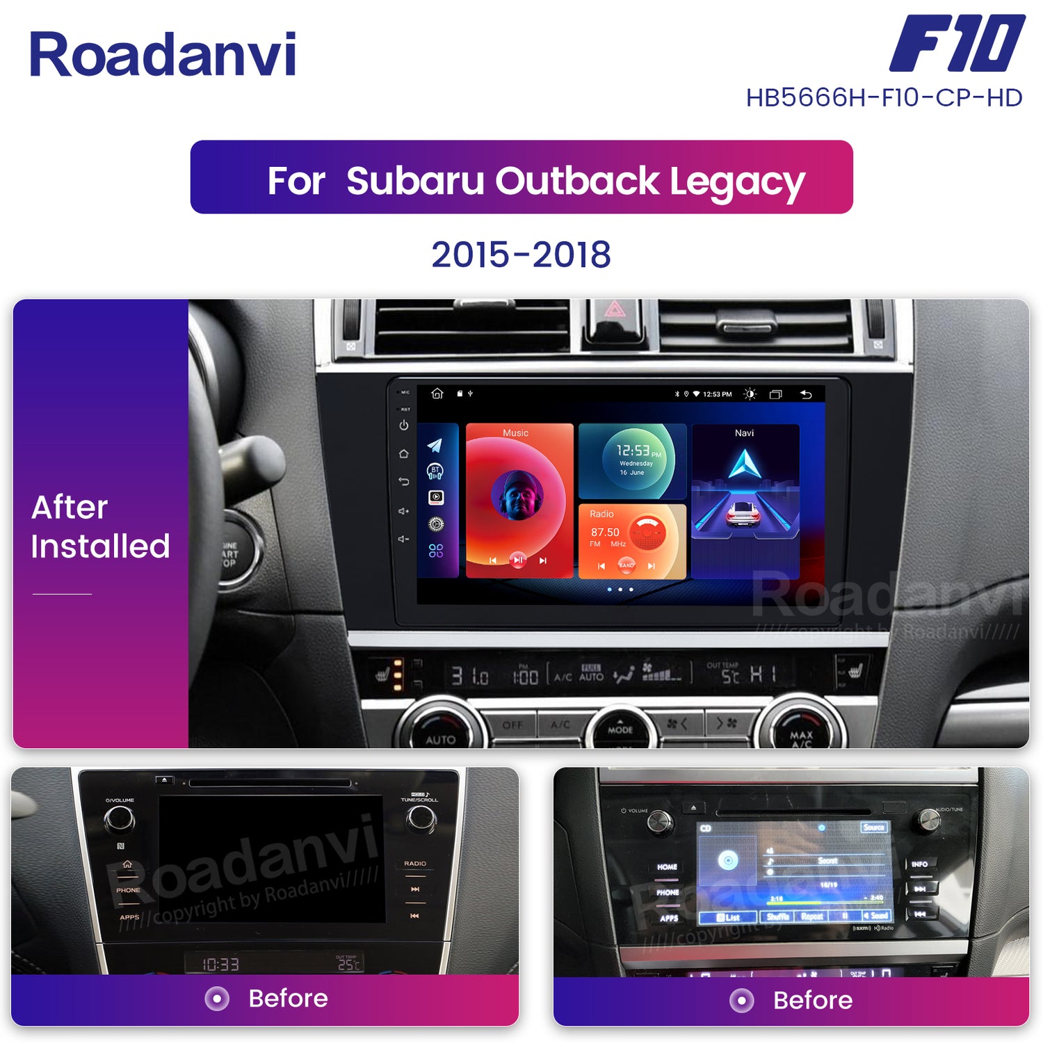 Roadanvi F10 For Single Din Universal Car Radio 10.2 inch Android Auto