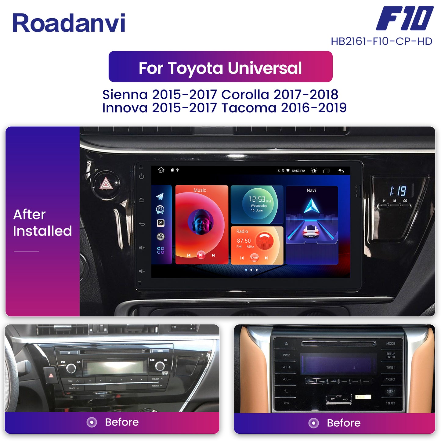 Roadanvi F10 For Toyota Universal Corolla Camry 2014-2022 Car Radio Apple Carplay Android 10 IPS Screen DSP 1280*720 4G RAM Head Unit