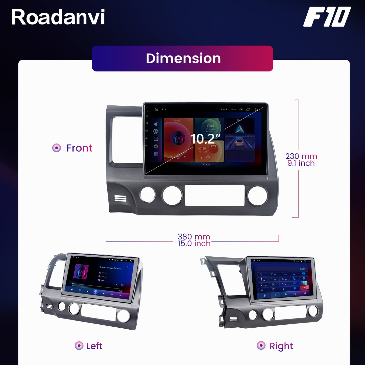Roadanvi F10 For Honda Civic 2009 2010 2011 Car GPS Navigation 10.2 Inch IPS Screen Android 10 4G RAM 64G ROM Android Auto Stereo