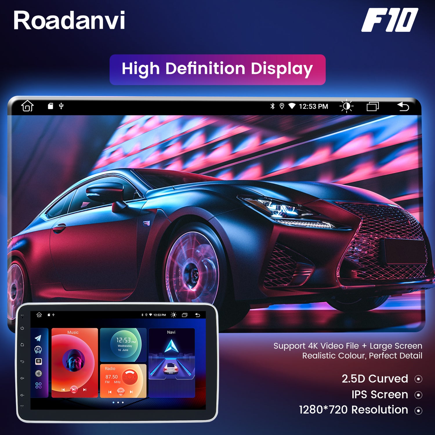 Roadanvi F10 For Single Din Universal Car Radio 10.2 inch Android Auto