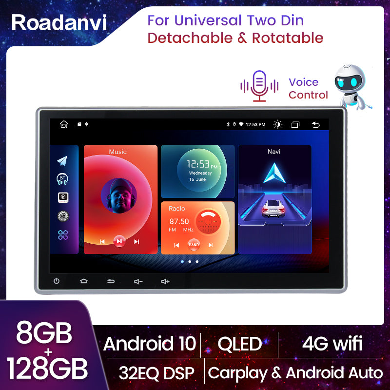 Roadanvi F10 for  2 din Universal Car Stereo Deachtable Rotatable 10.2" Screen AI Voice Control Apple Carplay Android Auto Touch Screen 8G 128G GPS Navigation